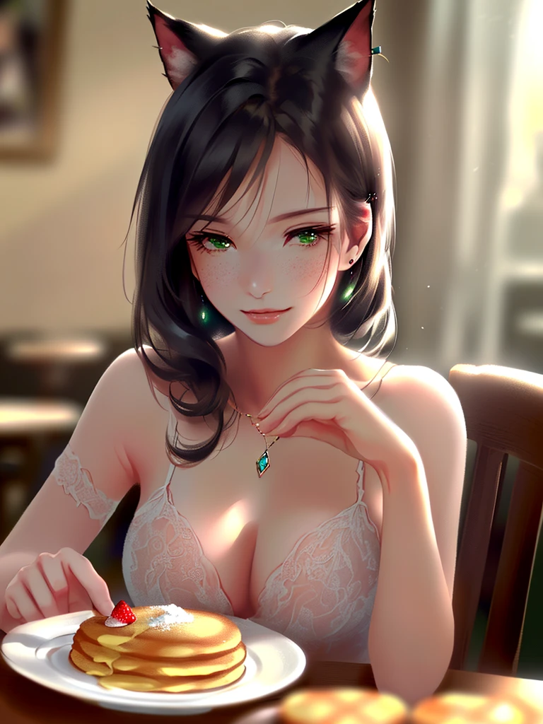 anime style, super fine illustration, highly detailed, dynamic angle, beautiful detailed, 8k, In a cafe where morning sunlight streams through the window, a plate of fluffy pancakes topped with strawberries, whipped cream, and a generous dusting of powdered sugar sits on the table. A woman eats them with a happy expression, her impressionable happiness drawing the attention of those around her.very good illustration, High detail, dynamic angle, beautiful detailing,2D, (Best quality, masterpiece, Beauty, tenderness), Anime, Highly detailed face, very detailed eyes, very detailed background, Ideal lighting, Whole body, 1 girl, One, (Very detailed cat ears), (Very detailed ears behind the hair), Pink dress, green eyes, Finely detailed eyes, ears covered with hair,