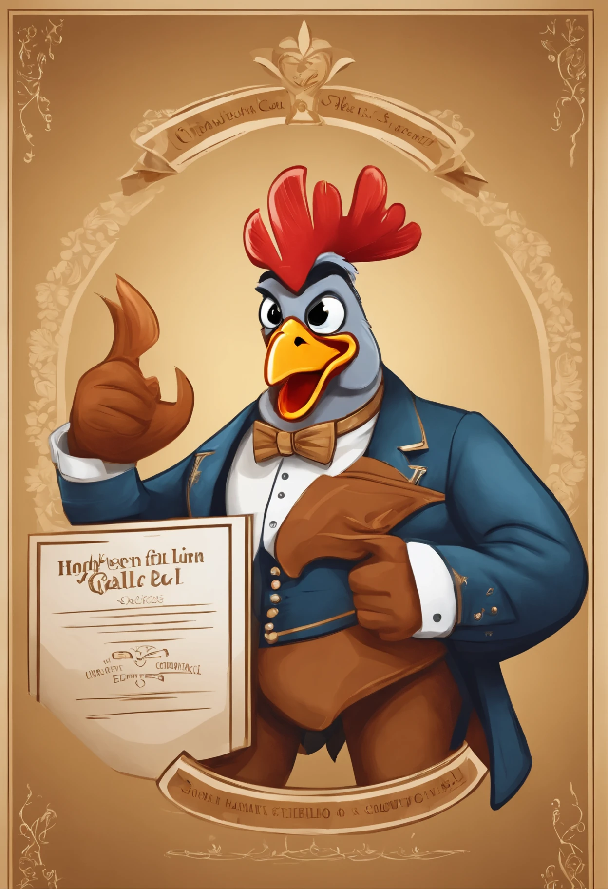 cartoon pollo holding a sign and pointing at it, gallo, anthropomorphized pollo, gallo!!!!, conceited, pollo, illustration of a gallo, the pollo man, pollos, subido, ( tierra ), illustration of an angry gallo, the king of gallo, conceited smirk, mascota de la escuela secundaria, high definition illustration, hombre de ganso, mascota de cuerpo completo