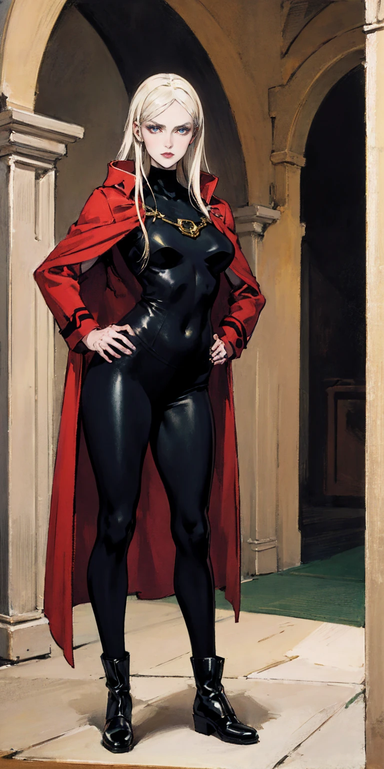A woman with long platinum blonde hair, choppy bangs, arched crescent eyebrows, sharp and determined eyes, a delicate oval face, a serious expression, a fantasy-style dark green military coat, draped with a dark red cloak, military trousers, leather combat boots, silver greaves leggings, one hand on her hip, standing in a spacious training ground, this character embodies a finely crafted fantasy-style female military officer in anime style, exquisite and mature manga art style, pale skin, high definition, best quality, highres, ultra-detailed, ultra-fine painting, extremely delicate, professional, perfect body proportions, golden ratio, anatomically correct, symmetrical face, extremely detailed eyes and face, high quality eyes, creativity, RAW photo, UHD, 32k, Natural light, cinematic lighting, masterpiece-anatomy-perfect, masterpiece:1.5