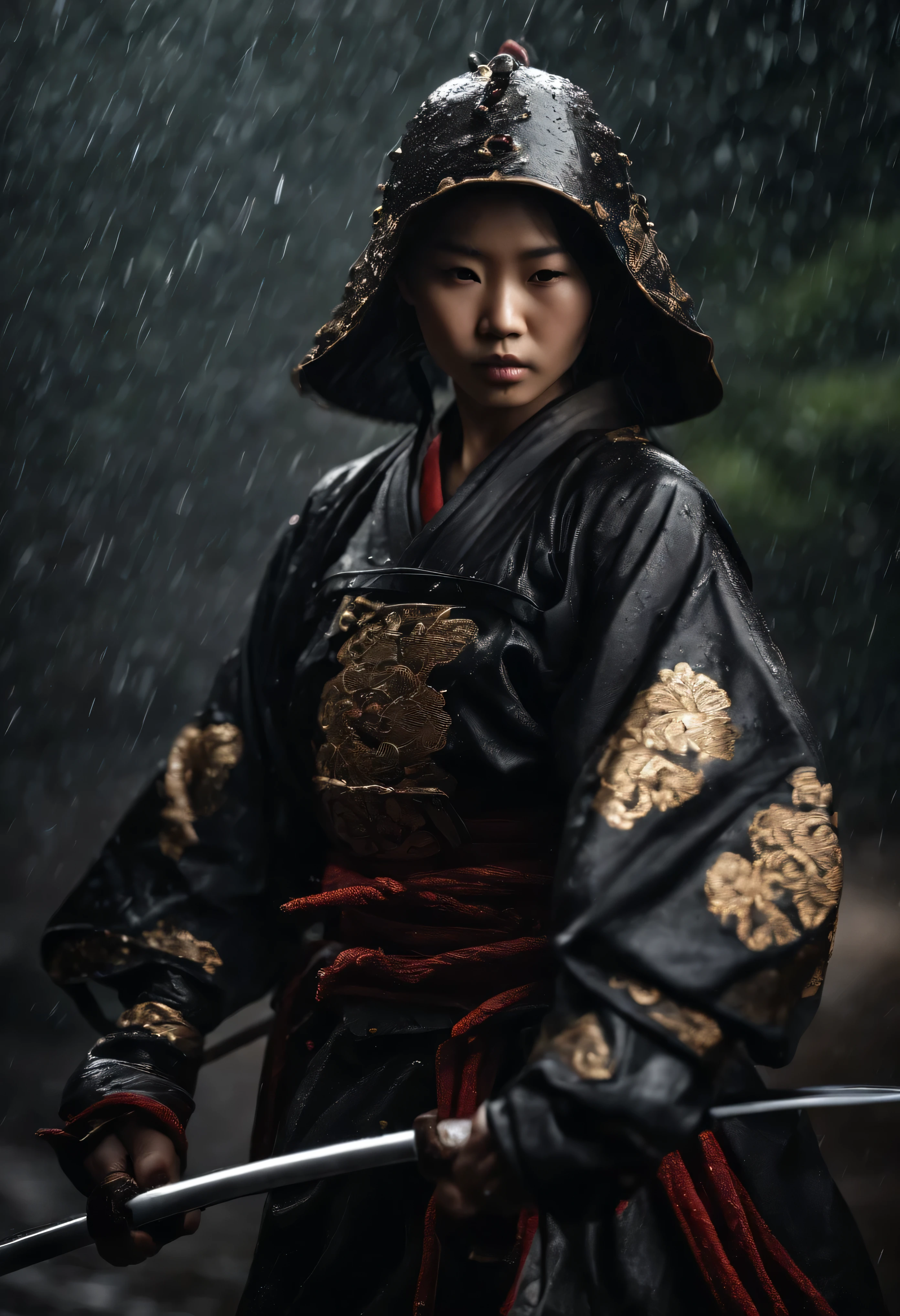 an ultra realistic ultra detailed photograph of masked young cute Japanese samurai girl, posture, beautiful face, scars on face, oiled white gold skin tone, wet in the rain, ready to fight with katana, full body, scary background and darktone, beautiful detailed face, apocalyptic environment, exquisite detail, 30 megapixels, 4k, Canon EOS 5D Mark IV DSLR, 85mm lens, sharp focus, intricately detailed, long exposure time, f/8, ISO 100, shutter speed