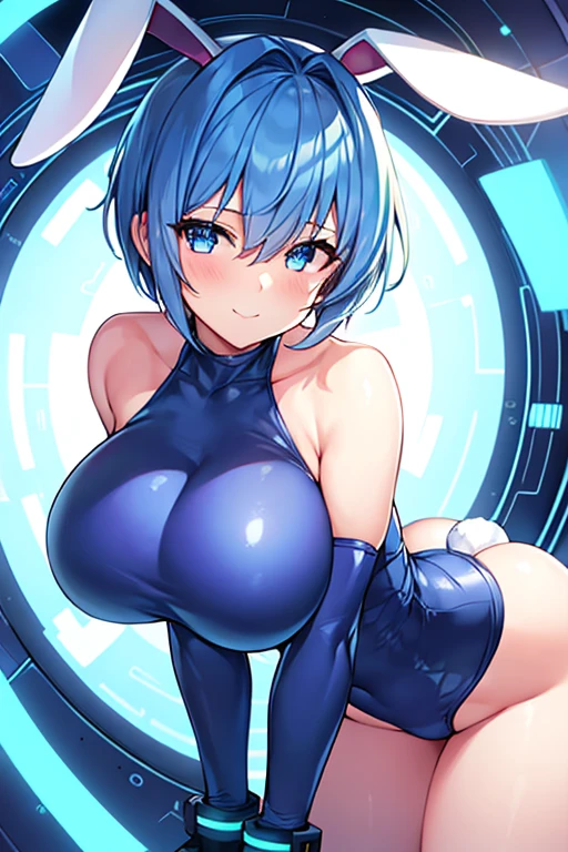 1girl, breasts, huge breasts, thick thighs, wide hips, blue hair, very short hair, (very short hair), pixie cut, ((pixie cut)), blue eyes, rabbit ears, bunny ears, light skin, white skin, (petite), ((petite)), ((small)), white bodysuit, bodysuit, smile, neon, neon trim, neon lights, machinery, tech, futuristic, science-fiction, elbow gloves, gloves, cleavage, ((bent over)), bent over