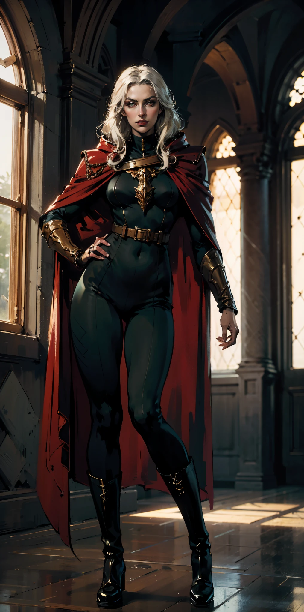 A woman with long platinum blonde hair, choppy bangs, arched crescent eyebrows, sharp and determined eyes, a delicate oval face, a serious expression, a fantasy-style dark green military coat, draped with a dark red cloak, military trousers, leather combat boots, silver greaves leggings, one hand on her hip, standing in a spacious training ground, this character embodies a finely crafted fantasy-style female military officer in anime style, exquisite and mature manga art style, pale skin, high definition, best quality, highres, ultra-detailed, ultra-fine painting, extremely delicate, professional, perfect body proportions, golden ratio, anatomically correct, symmetrical face, extremely detailed eyes and face, high quality eyes, creativity, RAW photo, UHD, 32k, Natural light, cinematic lighting, masterpiece-anatomy-perfect, masterpiece:1.5