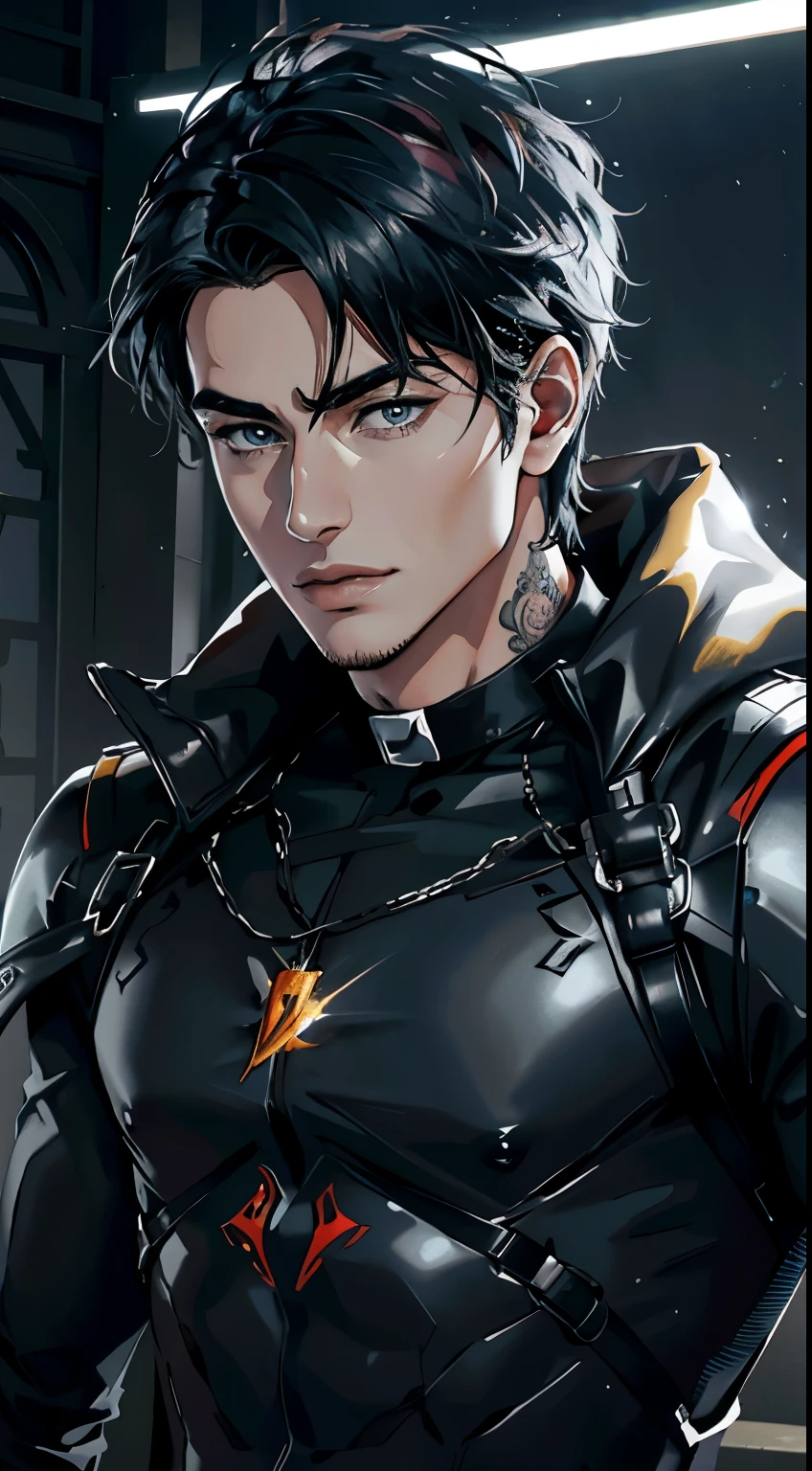 Grown-up guy, short black hair, Orange Eyes, leather jacket with spikes, circuits, Ghost Rider, Masterpiece, hiquality
