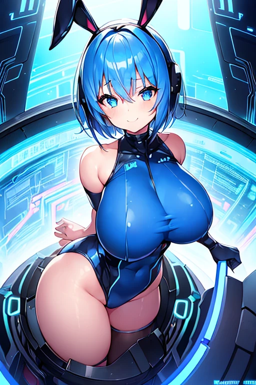 1girl, breasts, huge breasts, thick thighs, wide hips, blue hair, very short hair, (very short hair), blue eyes, rabbit ears, bunny ears, (petite), ((petite)), ((small)), white bodysuit, bodysuit, smile, neon, neon trim, neon lights, machinery, tech, futuristic, science-fiction, ((bent over)), bent over