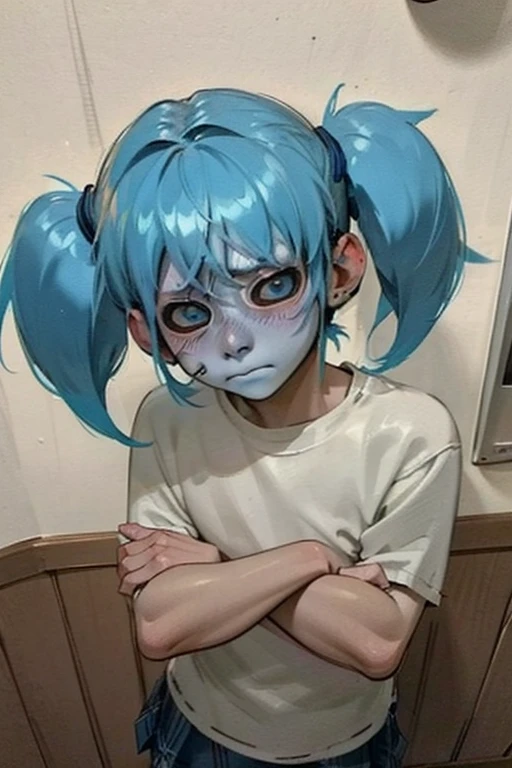 Boy, 18 years old, male body, cute face, looking at viewer, looking down, depressed looking, blue hair pigtails, feminine body, cute body, mini skirt, shy, blushing, skinny, slim body, fluffy hair, soft lighting, small face, realistic fluffy hair, smaller hair