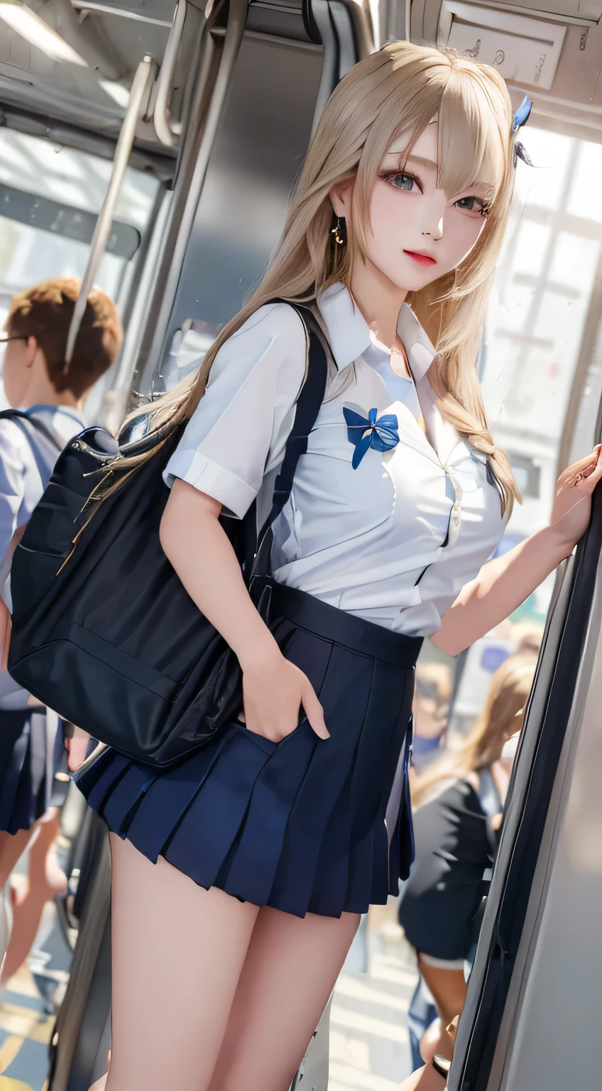 (8k, 超A high resolution, highest quality, Tabletop:1.2),(18-year-old:1.2)、(avert your eyes)、 Dynamic Angle, (((View from below))), Face Focus, ((in the train)), 1 girl, alone, Cute girls8k、Japanese girl&#39;s life々Beautiful portrait、Photorealistic、超A high resolution、highest quality、Huge breasts、(Cleavage:1.3)、(Hibiscus hair ornament and twin-tailed hair:1.2)、narrow waist、Blonde、Very long blonde hair、Japanese、(Teenage Face)、gal style necklace、Gal style bracelet、Gal-style earrings、first round (Quite large breasts、Hide all breasts:1.2)(Beautiful school girl、White collared shirt、Navy pleated mini skirt is quite short:1.3)、(Standing on a crowded train full of high school students with a school bag、Surrounded by high school students:1.6) 、In heat、sexually aroused、(Black Loafers、navy socks:1.2)Diagram drawn from the side、Hands behind your hips、Push out your chest、Molester、Sweat on thighs