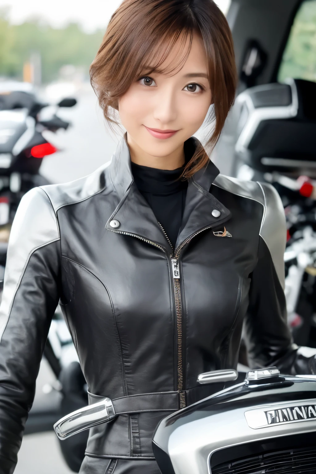 ((highest quality, 8K, masterpiece: 1.3)), sharp: 1.2, Skinny Japanese woman, 30 years old, perfect body beauty: 1.4, (very thin waist: 1.5), Cute face, Light brown shorthair, (((woman riding a motorcycle))), slender body, ((Riding Suit)), Highly detailed face and skin texture, fine eyes, double eyelid, ((full body shot)), Natural light, smile, Detailed Motorcycle