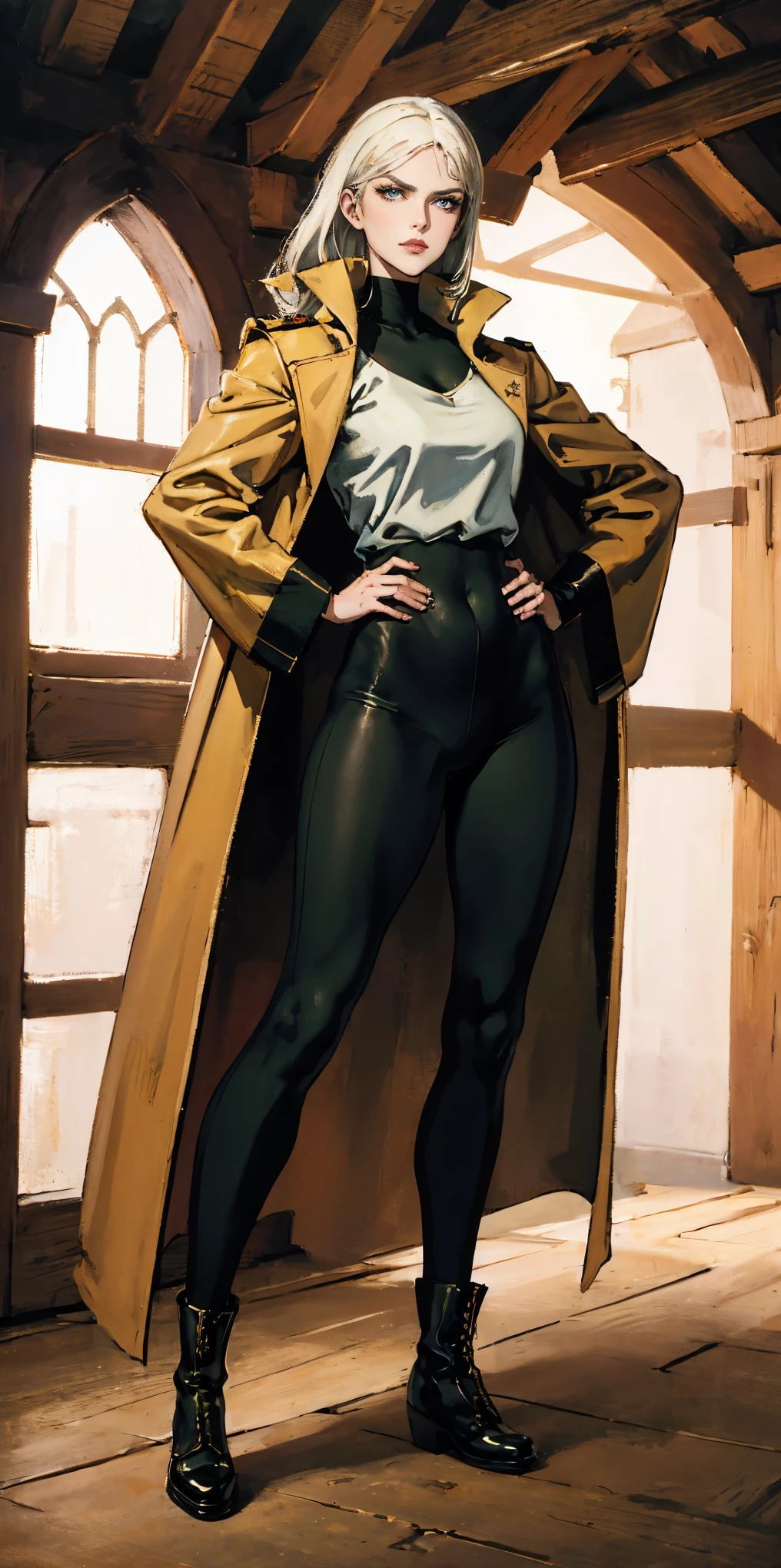 A woman with long platinum blonde hair, choppy bangs, arched crescent eyebrows, sharp and determined eyes, a delicate oval face, a serious expression, a fantasy-style dark green military coat, draped with a dark red cloak, military trousers, leather combat boots, silver greaves leggings, one hand on her hip, standing in a spacious training ground, this character embodies a finely crafted fantasy-style female military officer in anime style, exquisite and mature manga art style, pale skin, high definition, best quality, highres, ultra-detailed, ultra-fine painting, extremely delicate, professional, perfect body proportions, golden ratio, anatomically correct, symmetrical face, extremely detailed eyes and face, high quality eyes, creativity, RAW photo, UHD, 32k, Natural light, cinematic lighting, masterpiece-anatomy-perfect, masterpiece:1.5