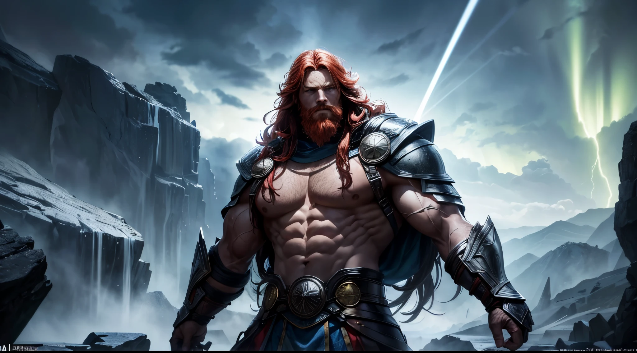 "Thor,lightning god,thunder deity,mythology,hauntingly powerful figure,strong muscular build,striking red hair,flowing golden beard,intense blue eyes,exquisite detailed armor,enchanted hammer Mjolnir,(godlike presence:1.1),epic battle scene,heavy rain and storm clouds,crackling lightning bolts,wind-swept landscape,heavenly rays of light piercing through the dark clouds,divine power emanating from his body,(dramatic and dynamic:1.2) portrayal,aurora borealis-like colors dancing in the sky,showcasing immense strength and mythological grandeur,iconic Viking symbolism,thunderous applause. (best quality,4k,highres:1.2),vivid colors,remarkable attention to detail,(photorealistic rendering:1.37),impressive depth and realism,unforgettable masterpiece."