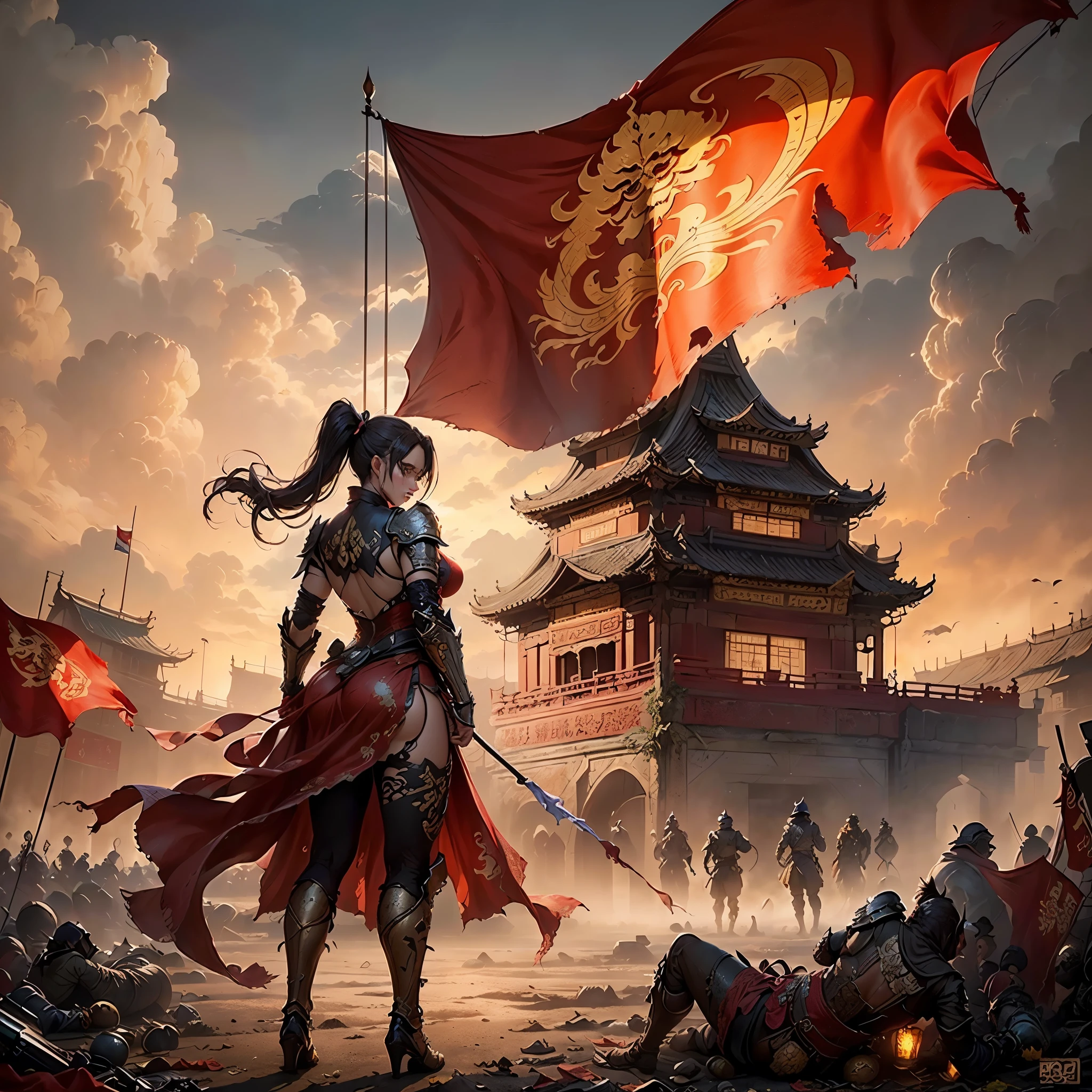 ((Epic creation,Ancient battlefield of China,A woman in armor holds a tattered red flag,bodies everywhere,Rich scene details,siege,In the distance is the tall city gate)),((8k+Ultra-high resolution+Ultra HD+masterpiece+detailed)),(high ponytail)