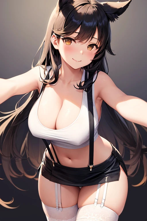 1girl, perfect face, atago, black hair, long hair, brown eyes, animal ears, ((dark background)), facing forward, cowboy shot, lust smile, in the center, giant breasts, ((bending over)), hands out of frame, ((white tank top, black miniskirt, black suspenders, white garter belts)),