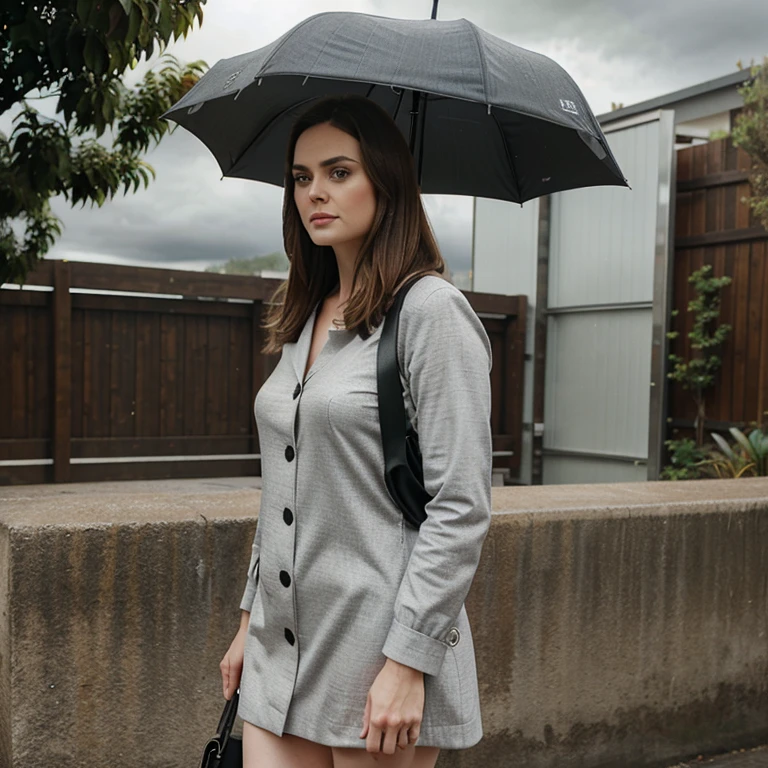 Emily Deschanel in cloudy weather dressed in stylish clothes
