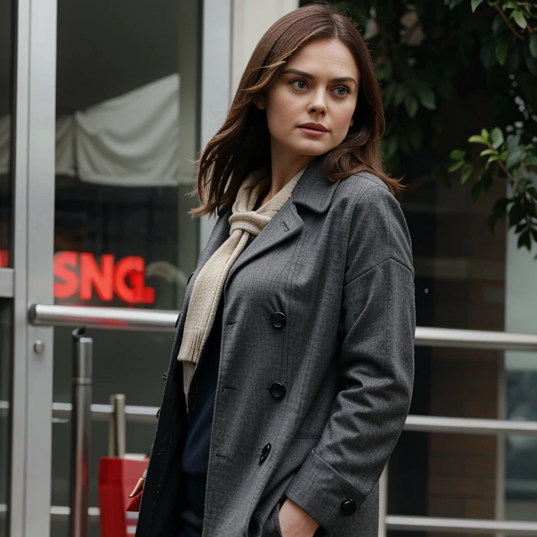 Emily Deschanel in cloudy weather dressed in stylish clothes