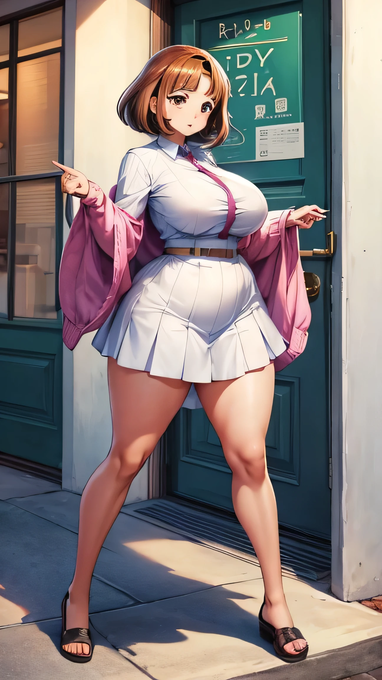 Ochako Uraraka, full body illustration, front view, stylish but skimpy clothing, plump body, thick thighs, tall woman, 1 woman, mature, short hair, brown hair, brown eyes, aroused