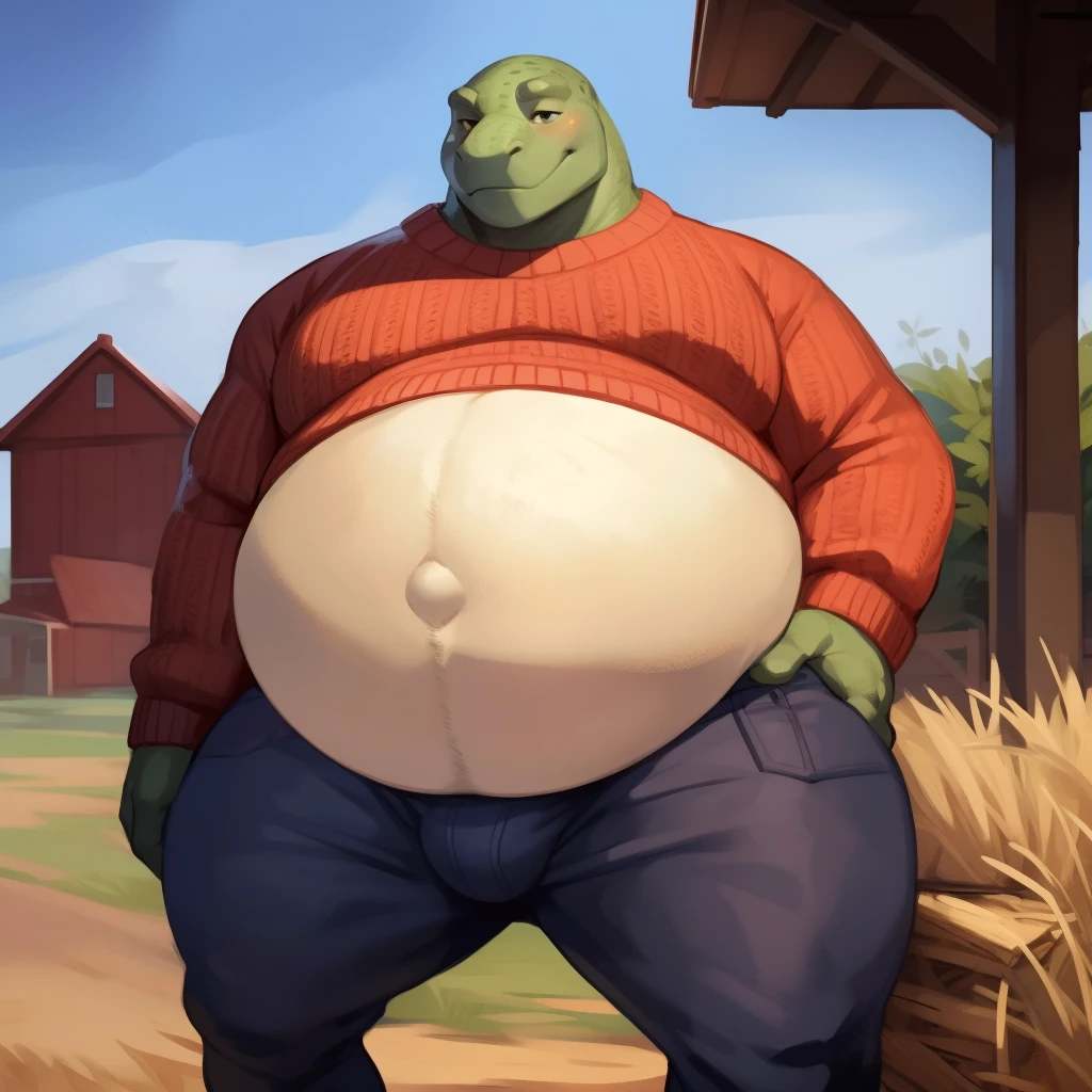 4k ultra quality, 4k full body view,ultra high detailed body,green skin fur,male,lizard detailed body, detailed belly, white belly fur, big lizard, wide chubby face, overweight male, chubby belly, big belly, ((round belly)), obese belly, (enormous belly), ((ultra enormous body)), massive belly, massive body, big musclegut, massive,（wide body）, massivegut, massive body, massive belly, (enormous gut),Mpreg, pregnant belly, pregnant gut,enormous belly, mature male, bulge by mystikfox61, by glitter trap boy, by bebebebebe,by morethreedee, by seibear,Beige knit sweater,tight pants,farmland, covered belly,size deference,warm atmosphere, morning,standing,posing,shy face, nervous face