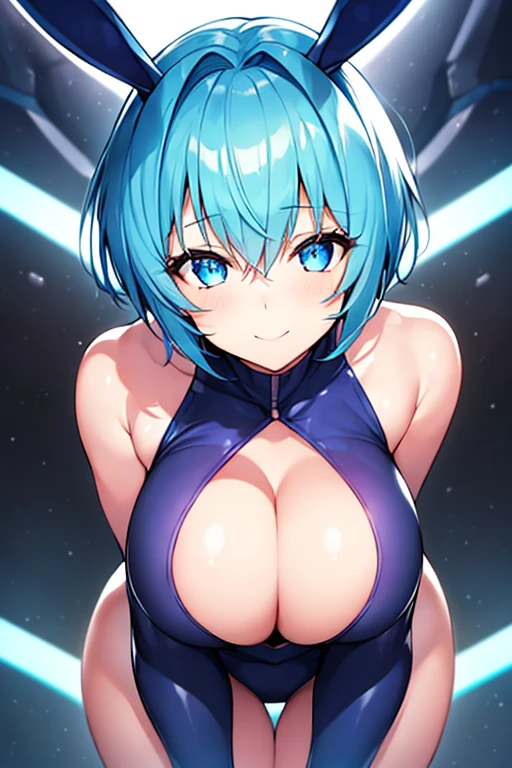 1girl, breasts, huge breasts, thick thighs, wide hips, blue hair, very short hair, (very short hair), pixie cut, ((pixie cut)), blue eyes, rabbit ears, bunny ears, light skin, white skin, (petite), ((petite)), ((small)), white bodysuit, bodysuit, smile, neon, neon trim, neon lights, machinery, tech, futuristic, science-fiction, cleavage, ((bent over)), bent over