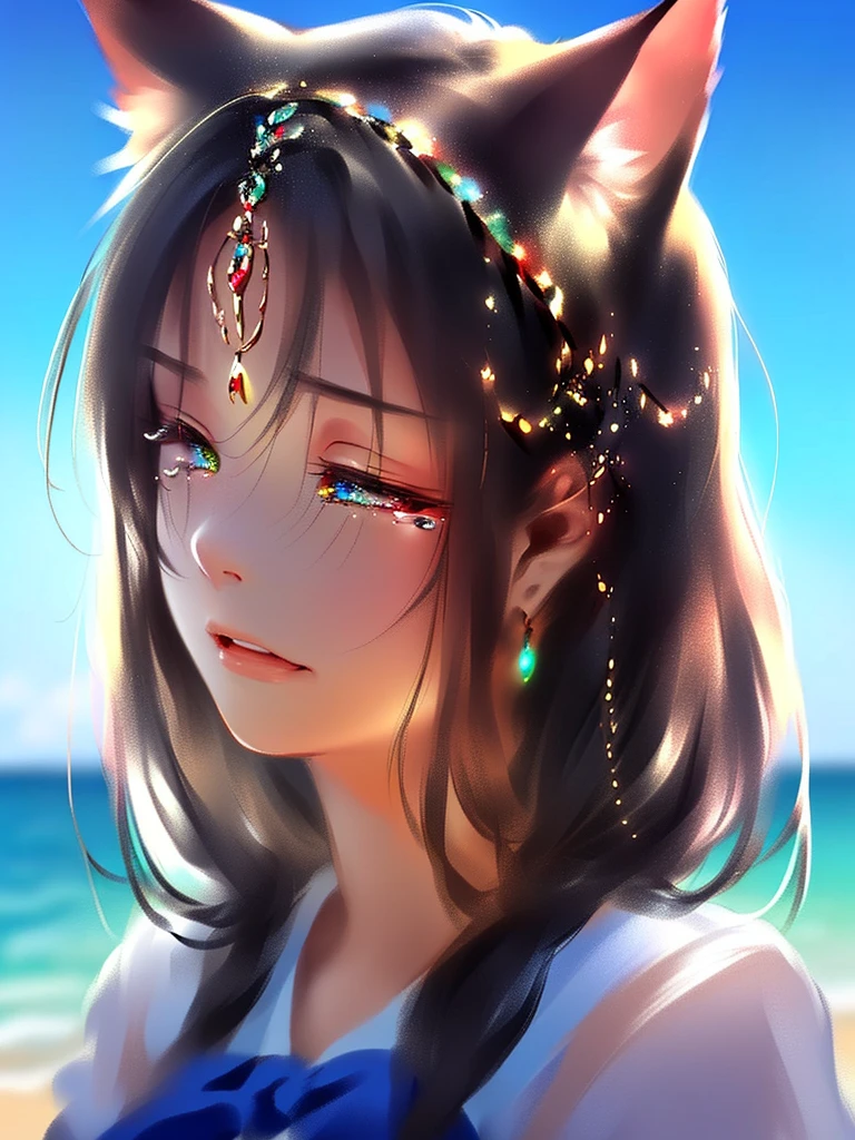 anime style, super fine illustration, highly detailed, dynamic angle, beautiful detailed, 8k, Sea, beach, high school girl in uniform, screaming "asshole", profile, yelling, eyes closed, tears streaming down her face. very good illustration, High detail, dynamic angle, beautiful detailing,2D, (Best quality, masterpiece, Beauty, tenderness), Anime, Highly detailed face, very detailed eyes, very detailed background, Ideal lighting, Whole body, 1 girl, One, (Very detailed cat ears), (Very detailed ears behind the hair), Finely detailed eyes, ears covered with hair,