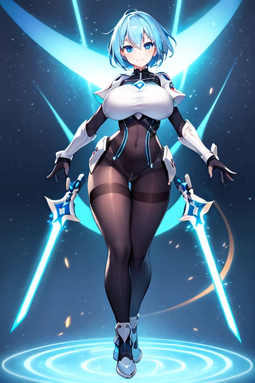 1girl, white skin, light skin, smile, light smile, blue hair, short hair, blue eyes, large breasts, breasts, wide hips, black bodysuit, bodysuit, sleeves, short sleeves, pantyhose, black pantyhose, futuristic, science-fiction, neon trim, neon, full_body, ((full body)), standing, swords, lighsaber, sword