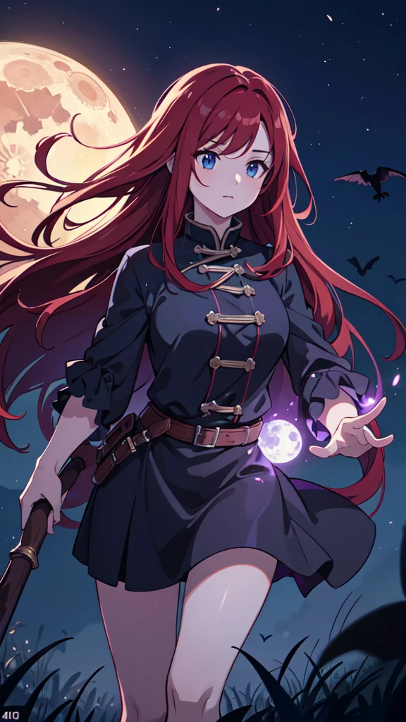 The prompt for Stable Diffusion generation is as follows:

"Witch,RPG,Sorceress,Magic,Red-haired Woman,reaching for a crow,night background,(best quality,4k,8k,highres,masterpiece:1.2),ultra-detailed,(realistic,photorealistic,photo-realistic:1.37),digital illustration,spooky atmosphere,dramatic lighting,vivid colors,moonlit scenery", close up