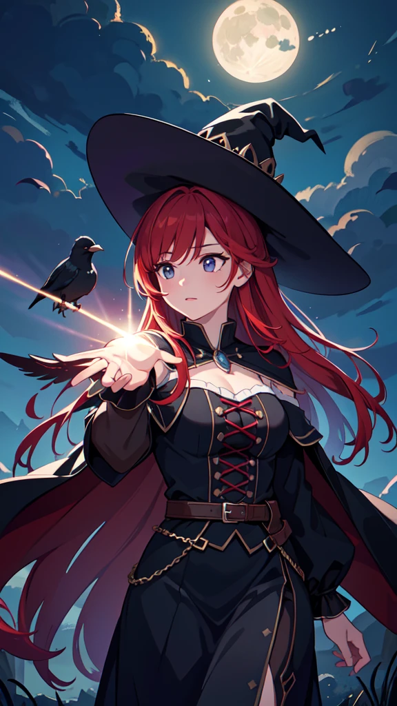 The prompt for Stable Diffusion generation is as follows:

"Witch,RPG,Sorceress,Magic,Red-haired Woman,reaching for a crow,night background,(best quality,4k,8k,highres,masterpiece:1.2),ultra-detailed,(realistic,photorealistic,photo-realistic:1.37),digital illustration,spooky atmosphere,dramatic lighting,vivid colors,moonlit scenery", close up