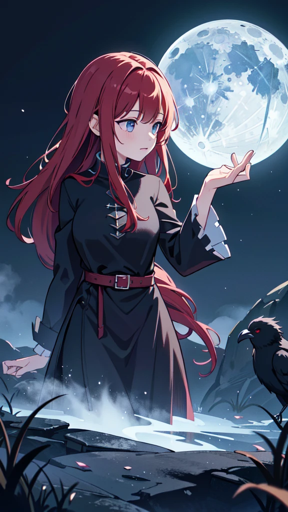 The prompt for Stable Diffusion generation is as follows:

"Witch,RPG,Sorceress,Magic,Red-haired Woman,reaching for a crow,night background,(best quality,4k,8k,highres,masterpiece:1.2),ultra-detailed,(realistic,photorealistic,photo-realistic:1.37),digital illustration,spooky atmosphere,dramatic lighting,vivid colors,moonlit scenery", close up