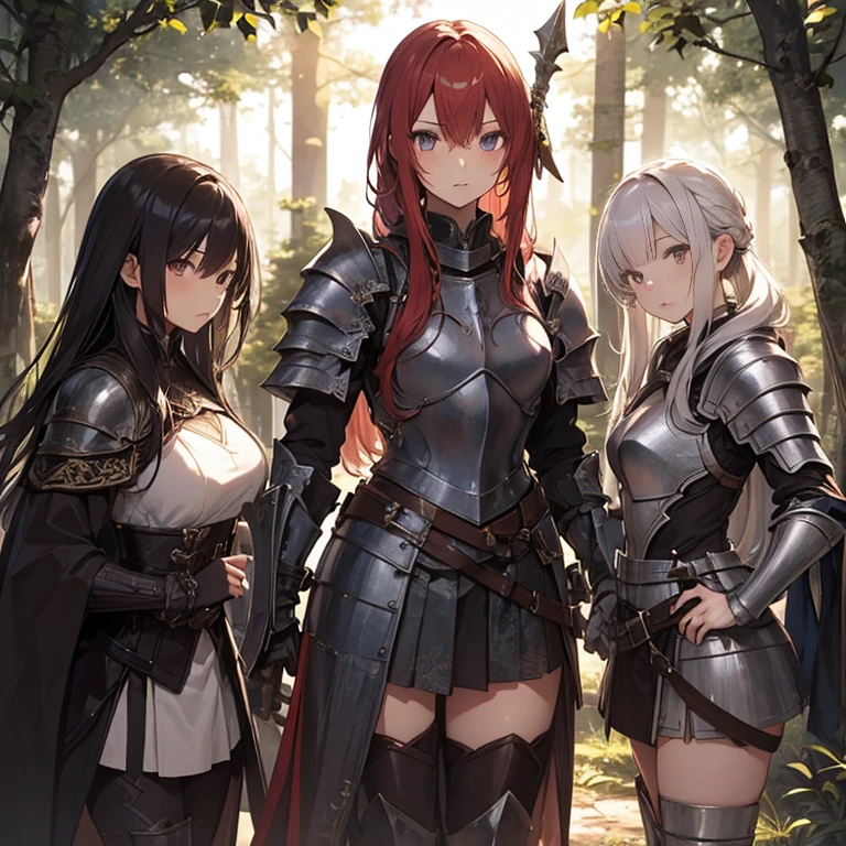 A group of  female knight, (in forest), various hair styles, harem, wearing armored clothes, metal armor, night, details face, , short skirt, seducing, sword,