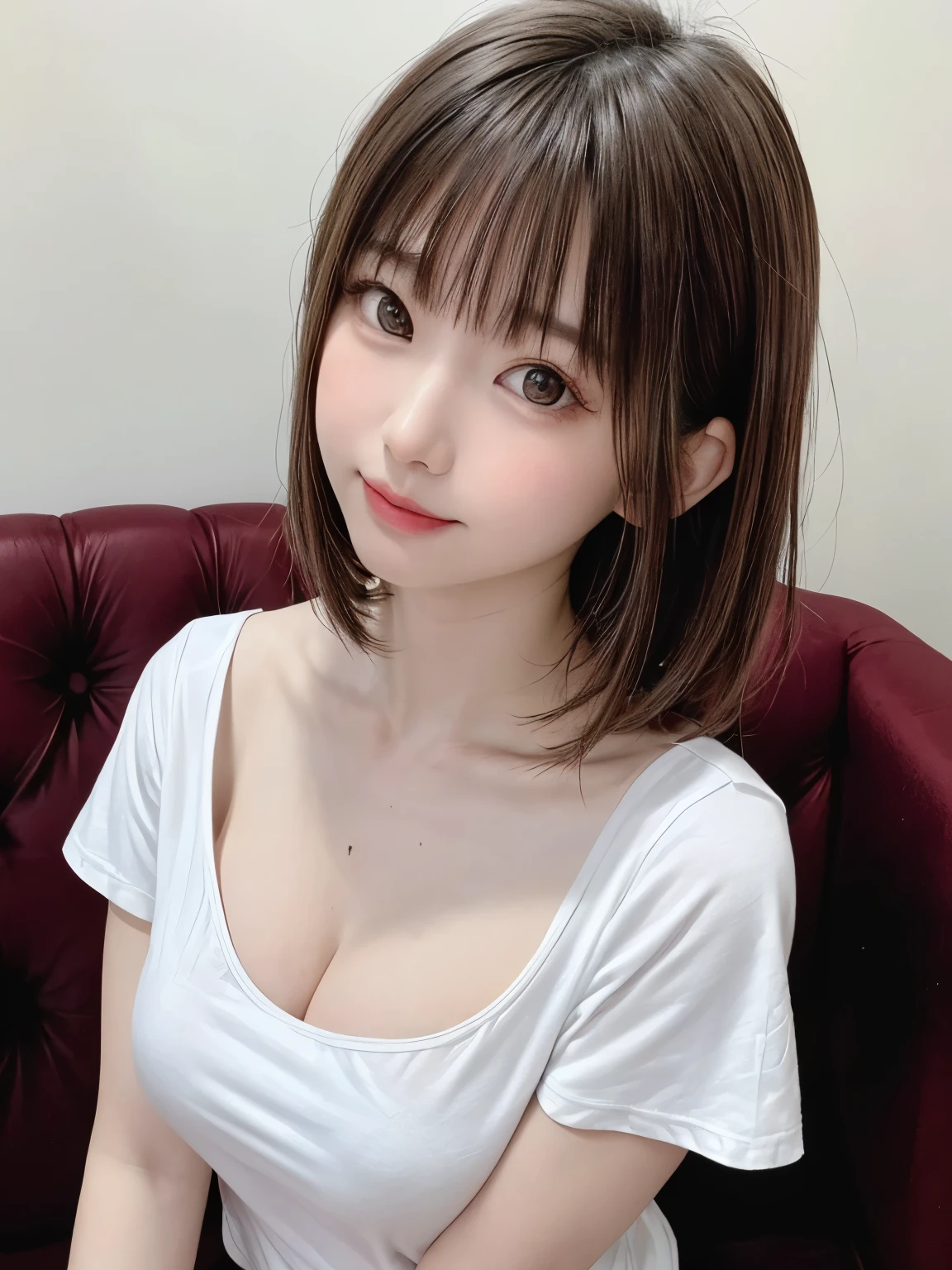 (8k、highest quality、masterpiece:1.8、bangsのあるショートボブヘア:1.8)、(Genuine、Genuineistic:1.5)、Very detailed、1 girl、28 years old、cute、alone、Sitting、 (Beautiful face in symmetry、Beautiful face with golden ratio、smile:1.15)、(Mouth closed)、big chest、Looking into the camera、Looking into the camerachest元、Beautiful and beautiful eyes、big, Round eyes、Transparent double eyelids、eyelash、lips、(White shirt:1.6)、(short hair:1.2)、Very black hair:2、bangs、Light brown eyes、Long neck、smile、shut up.、cute face、Genuineistic skin types、Genuineの質感、Unbutton、淡いピンクのlips、There&#39;s Genuinely no background、Genuinely pure white background、28 years old,Natural light、上lipsが厚くない、Hands are lowered、(({Huge|big|Hugeな|Mega} chest:2, chestの谷間:2、Beautiful décolletage))