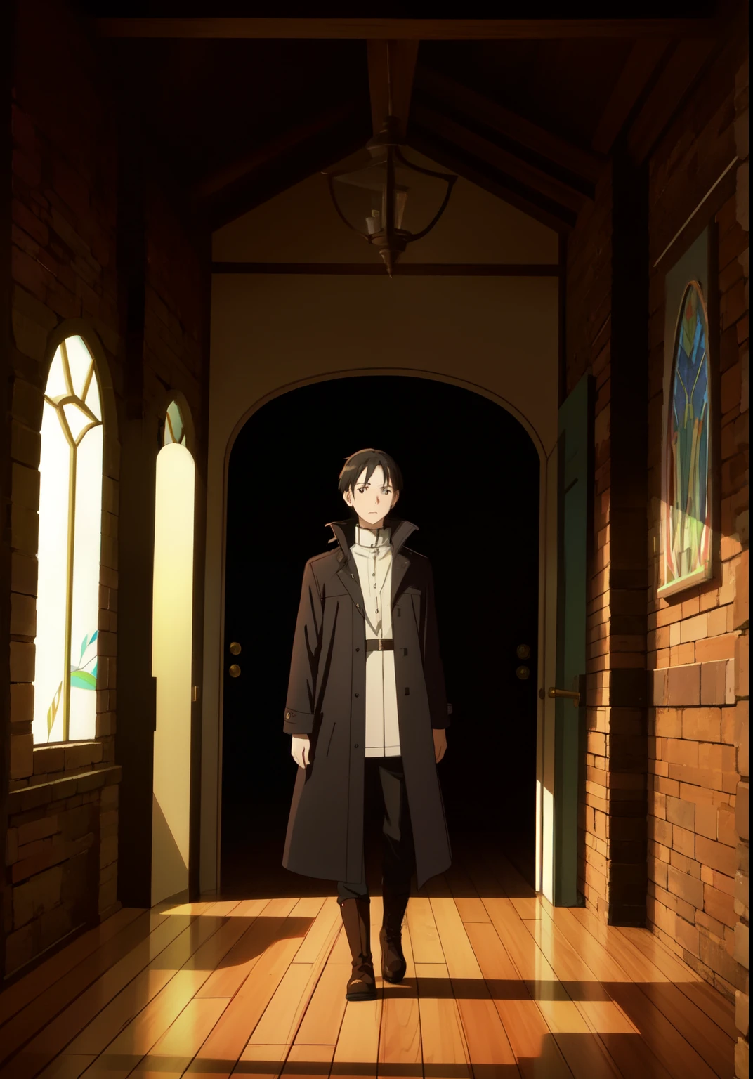 ((Anime)), ((boy)), ((at the entrance to the room)), (masterpiece:1.2), Best quality, a high resolution, unity 8k wallpaper, (illustration:1.2), (very detailed face), (Perfect hands), (Ideal Anatomy), (black hair), (long bangs), (black leather coat), ((High collar)), (black long men&#39;s boots), (knee-high boots), black pants, living room of an old manor, beautiful manor, stained glass windows