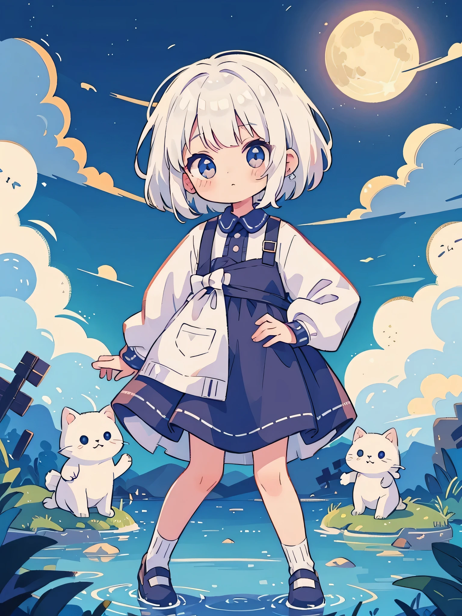 super high quality　Super high quality　masterpiece　White Hair Girl　short hair　Cute face　full moon　night　one person　