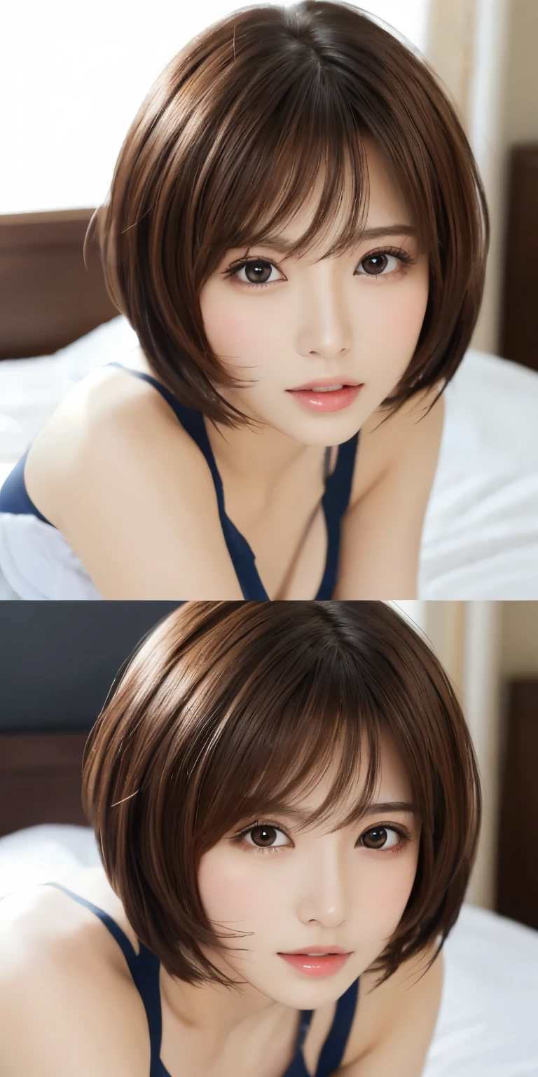 masterpiece、highest quality、High resolution、Tabletop、wallpaper、Realistic、Bright lighting、Professional Lighting、Face Light、smooth lighting、Japanese women、Adult、Beautiful woman、action、gravure、sexy、poor、so beautiful、Beautiful Skin、Beautiful and detailed、Detailed face、slim、moderately、short hair、Brunette colored hair、Brown eyes、Looking at the camera、、Cleavage