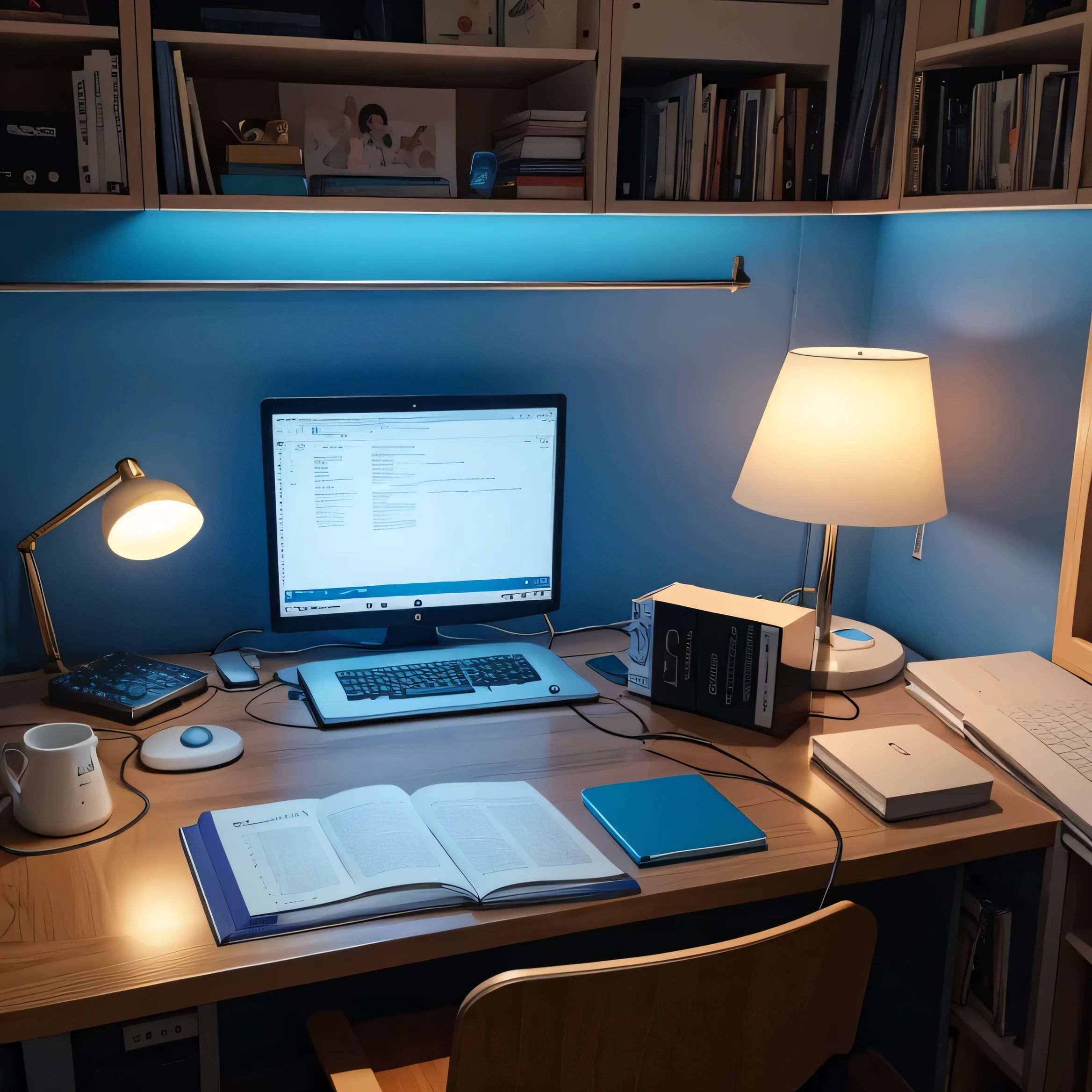 Lofi desk setup for girls, with blue lights. There is a book