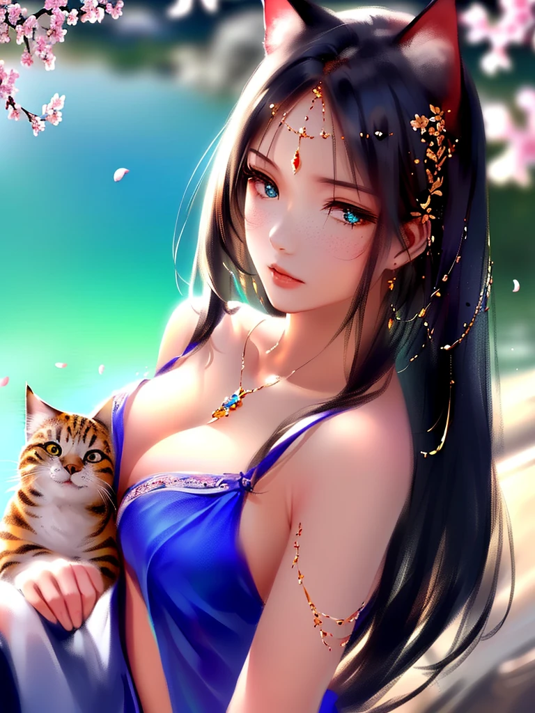 anime style, super fine illustration, highly detailed, dynamic angle, beautiful detailed, 8k, A girl is impressed by the cherry blossoms in Fuji-Hakone Izu National Park and the blue sky by the lakeside with Mt. Cherry blossom petals are dancing in the wind, the surface of the lake is calm, and the girl's expression is sincerely moved by the beauty of nature. very good illustration, High detail, dynamic angle, beautiful detailing,2D, (Best quality, masterpiece, Beauty, tenderness), Anime, Highly detailed face, very detailed eyes, very detailed background, Ideal lighting, Whole body, 1 girl, One, (Very detailed cat ears), (Very detailed ears behind the hair), Finely detailed eyes, ears covered with hair,