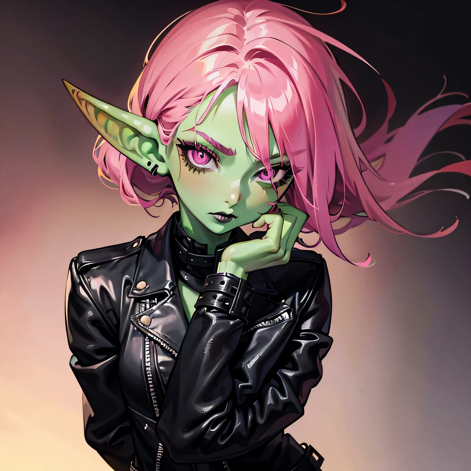 1 girl, portrait, goblin girl, green skin, bright pink hair, long hair, lip piercing, pink eyes, black shirt, black tie, black lipstick, black eye makeup, black background, hands behind back, biker lady, leather jacket, close-up