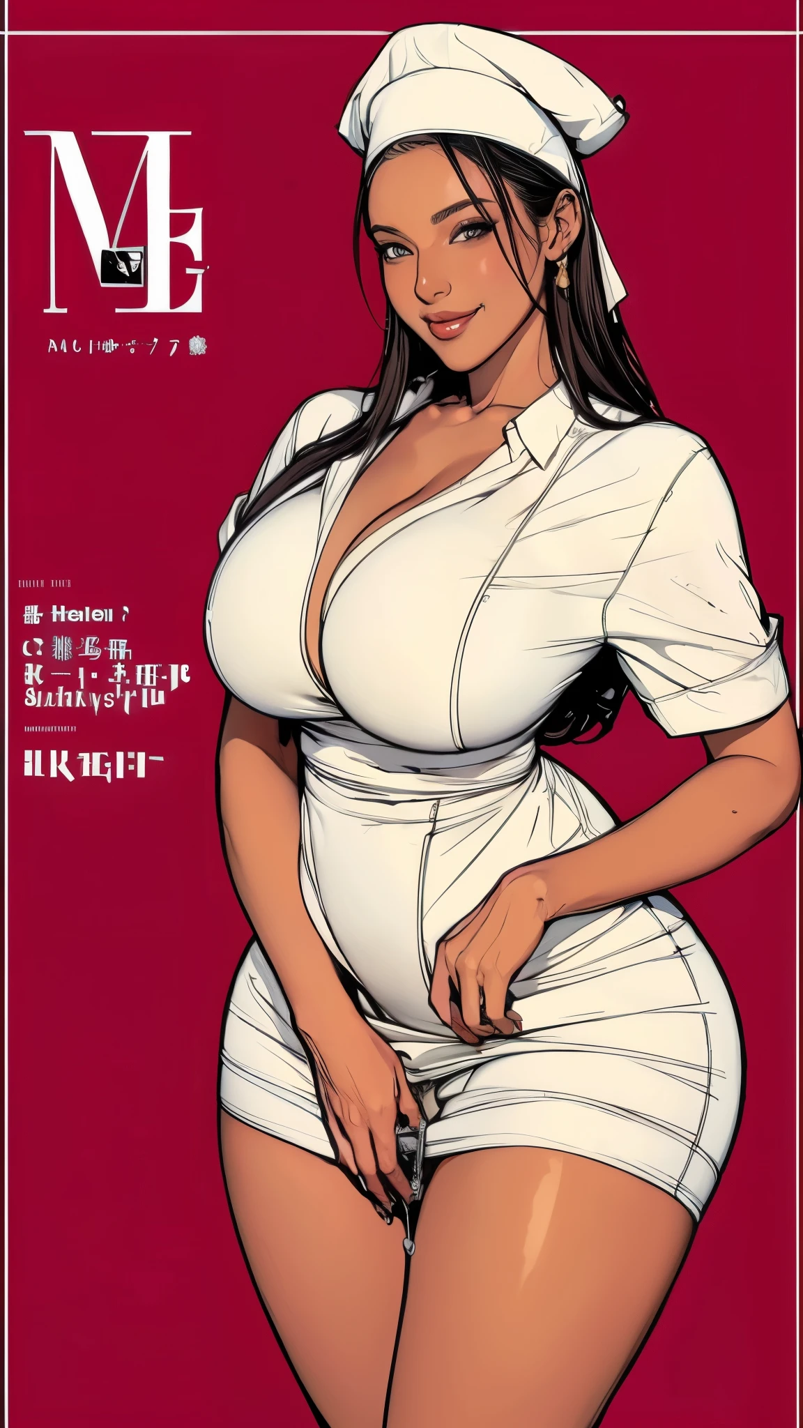 ((masterpiece)),(((best quality))),((character design sheet)),((rough sketch)),((vulgar)),(magazin cover)thick thighs,african girl,smile,((between breasts)),pussy juice,((wearing an Wet sexual nurse uniforms and nurse cap)),shirt harf lift,milking