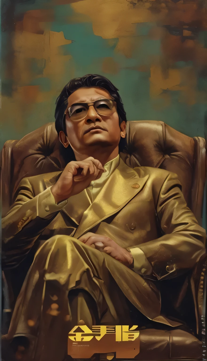 There is a man sitting on a chair，（Wearing a silver suit)，With gold-rimmed glasses，,, Hideaki Yasuno, Gangster, biopic,  anime, Wong Kar Wai style, Like Tony Leung, Araki, The background is a world famous painting，A famous painting