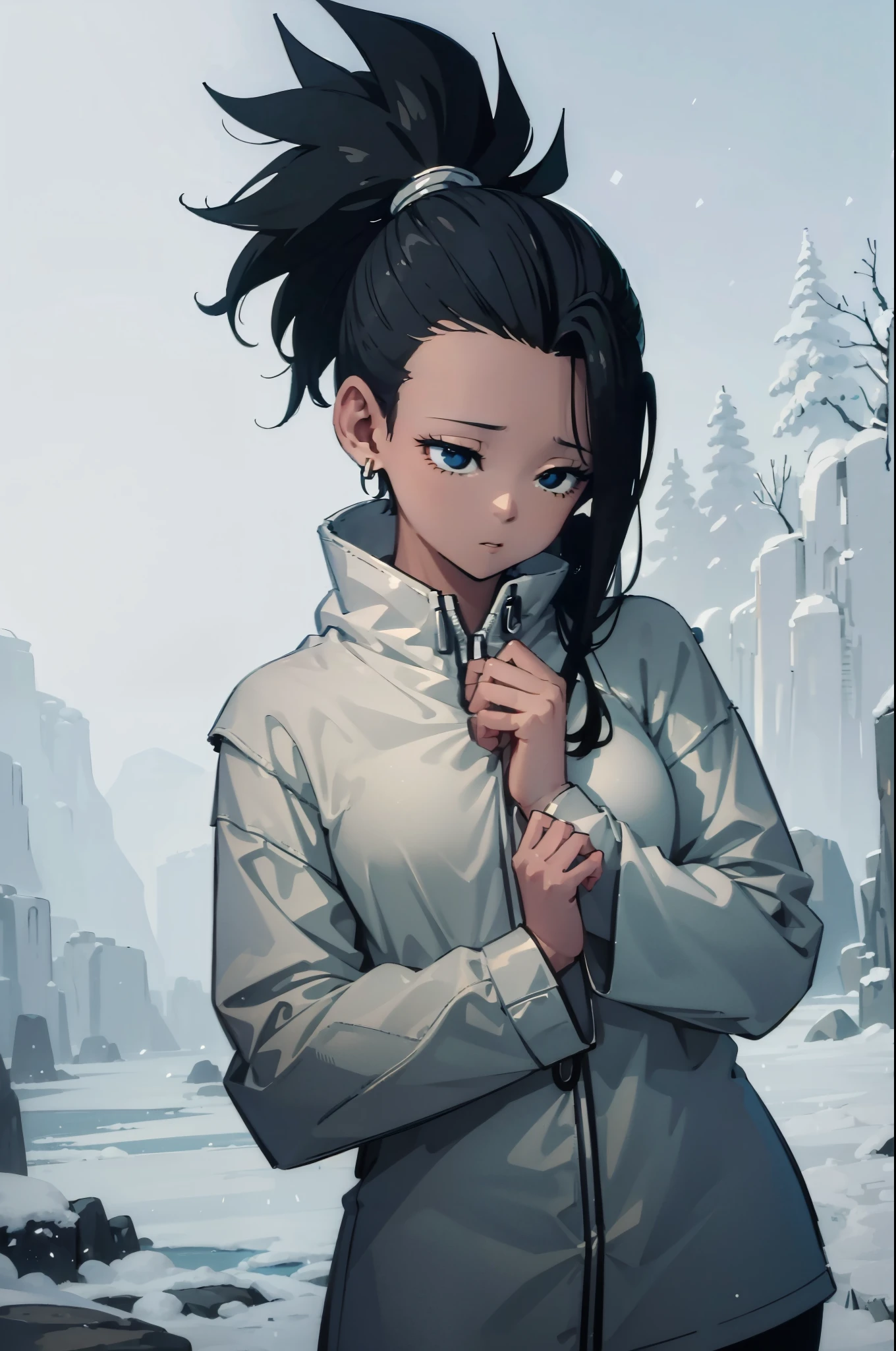 artwork, best quality, Kale, black eyes,black pupils, ponytail, top cut, armband, torso, standing, looking at viewer, features a character enveloped in a winter setting, with snow falling gently around them. She is dressed warmly, with the vapor of her breath visible in the frigid air. The sky is covered in gray clouds, conveying a feeling of tranquility and serenity. The color palette is dominated by shades of blue and white, creating a cold and comforting atmosphere. The setting conveys a feeling of peace and isolation, ideal for reflection and contemplation.The camera's viewing angle is close, capturing every detail of the character's face,Light brown girl, black hair.High quality ,FULL HD