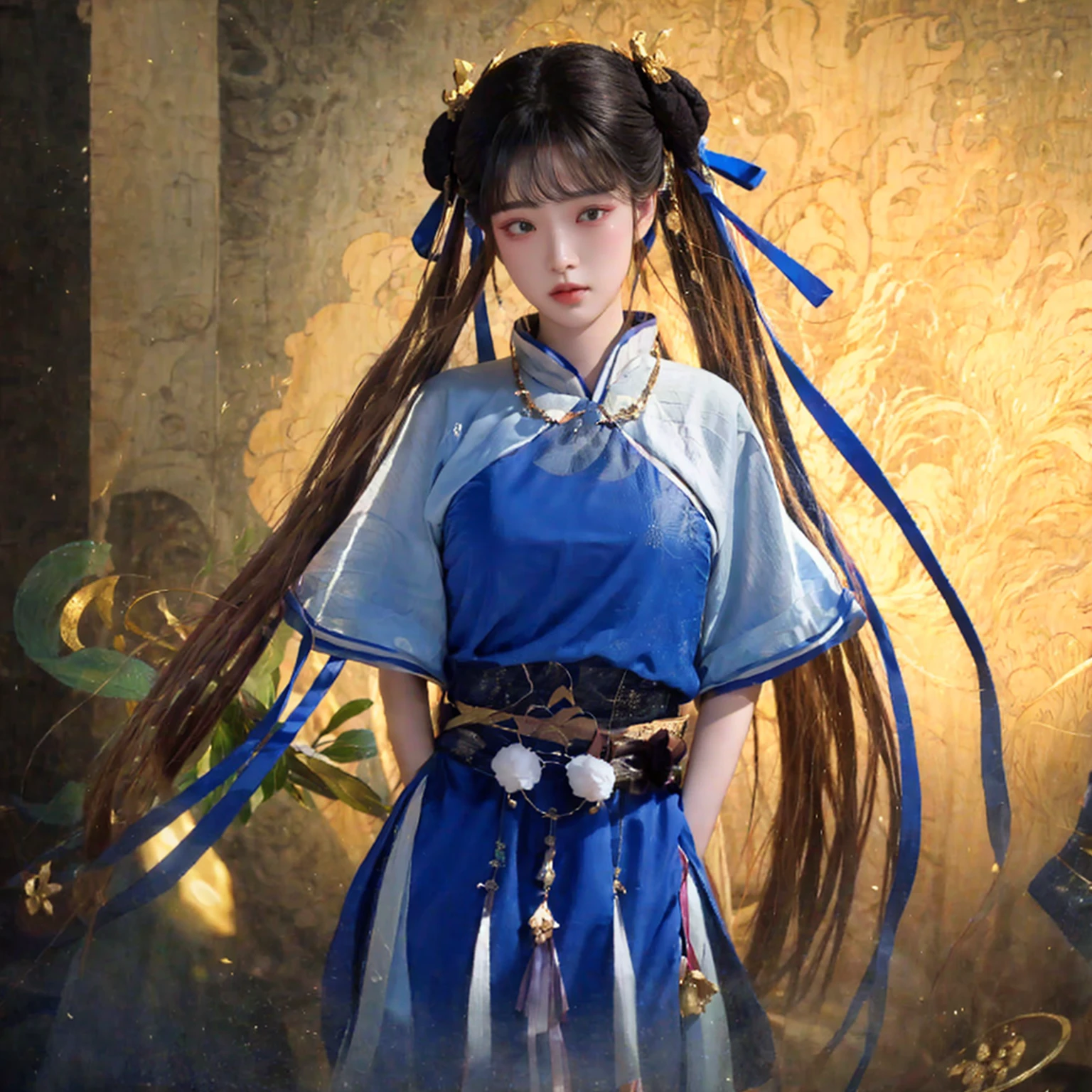 Arafud image of a woman wearing a blue dress、Long-haired woman, Inspired by trees, cotton cloud mage robes, Hanfu, Inspired by Roma, palace ， a girl in Hanfu, Inspired by cold plum, Flowing Magic Robe, Inspired by Lan Ying, Moon themed clothing, Inspired by Zhao Zuo, Chinesedress，Three Kingdoms，Character Zhao Linger