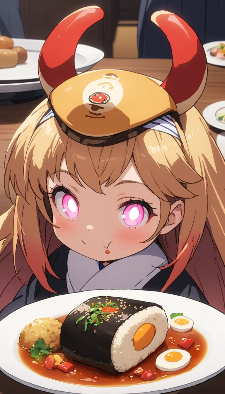 (Top Quality, Masterpiece, High Resolution, Detail), Anime Style, Flat Style, (Glowing Eyes, Detailed Beautiful Face), BREAK,One Girl, (oinarisan, food, plate, food focus, still life),(Eating Inari Sushi), Happy, (Kaiten Sushi Restaurant),anime