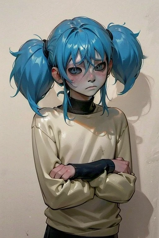 Boy, 18 years old, male body, cute face, looking at viewer, looking down, depressed looking, blue hair pigtails, feminine body, cute body, mini skirt, shy, blushing, skinny, slim body, fluffy hair, soft lighting, small face, realistic fluffy hair, smaller hair, feminine soft body, chubby, full body, black sweater, sad