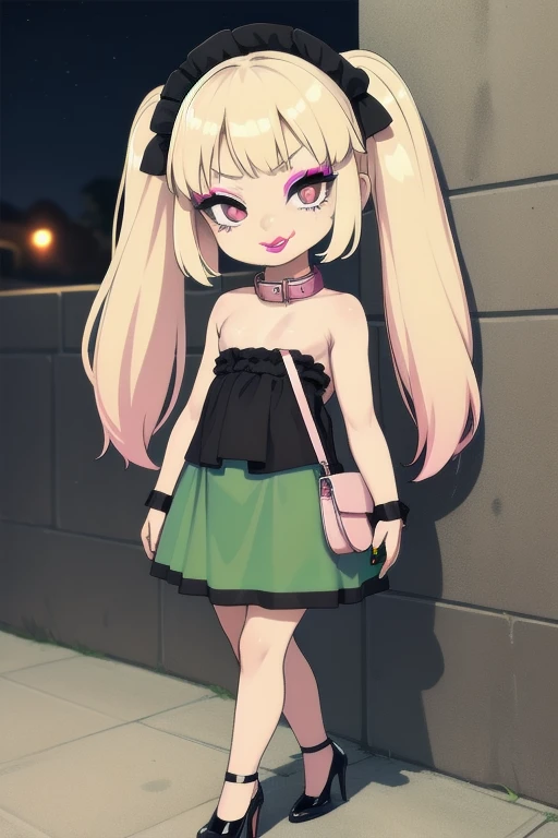 1girl,solo,(shiny clothes),(pink strapless),tight dress, midriff,pencil skirt,highleg,green skirt, twintails, (****:1.8),eyelashes, (makeup:1.4),(lipstick:1.4), (night:1.3), flat chest, pink eyes, blonde hair, smirk, alley,against wall, partially visible vulva, navel, legs apart, cleft of venus,shoulder bag, high heels, animal collar, facing viewer,