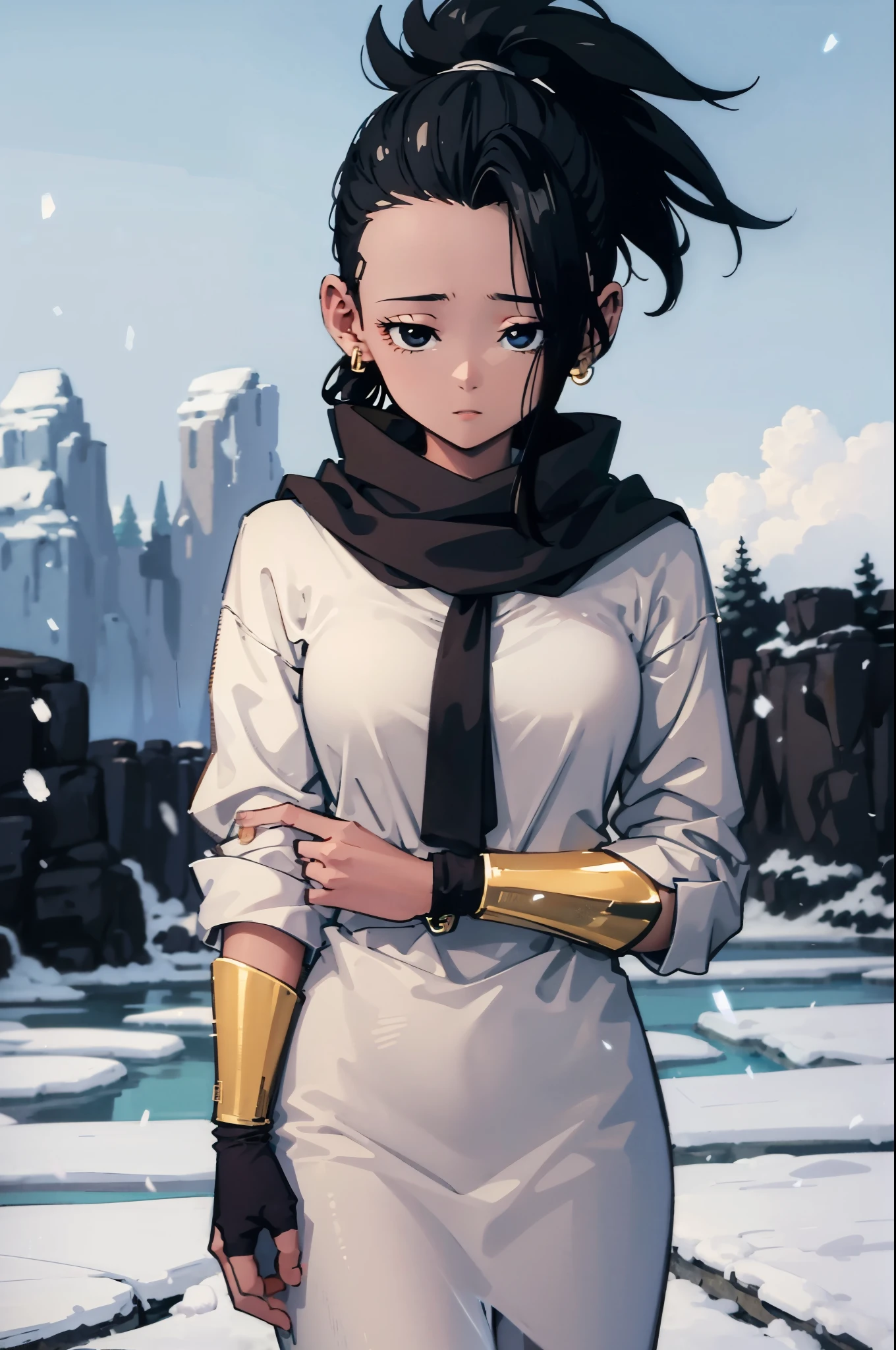 artwork, best quality, Kale, black eyes,black pupils, ponytail, top cut, armband, torso, standing, looking at viewer, features a character enveloped in a winter setting, with snow falling gently around them. She is dressed warmly, with the vapor of her breath visible in the frigid air. The sky is covered in gray clouds, conveying a feeling of tranquility and serenity. The color palette is dominated by shades of blue and white, creating a cold and comforting atmosphere. The setting conveys a feeling of peace and isolation, ideal for reflection and contemplation.The camera's viewing angle is close, capturing every detail of the character's face,Light brown girl, black hair.High quality ,FULL HD