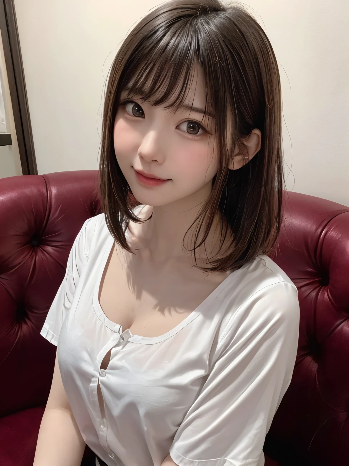 (8k、highest quality、masterpiece:1.8、bangsのあるショートボブヘア:1.8)、(Genuine、Genuineistic:1.5)、Very detailed、1 girl、28 years old、cute、alone、Sitting、 (Beautiful face in symmetry、Beautiful face with golden ratio、smile:1.15)、(Mouth closed)、big chest、Looking into the camera、Looking into the camerachest元、Beautiful and beautiful eyes、big, Round eyes、Transparent double eyelids、eyelash、lips、(White shirt:1.6)、(short hair:1.2)、Very black hair:2、bangs、Light brown eyes、Long neck、smile、shut up.、cute face、Genuineistic skin types、Genuineの質感、Unbutton、淡いピンクのlips、There&#39;s Genuinely no background、Genuinely pure white background、28 years old,Natural light、上lipsが厚くない、Hands are lowered、(({Huge|big|Hugeな|Mega} chest:2, chestの谷間:2、Beautiful décolletage))