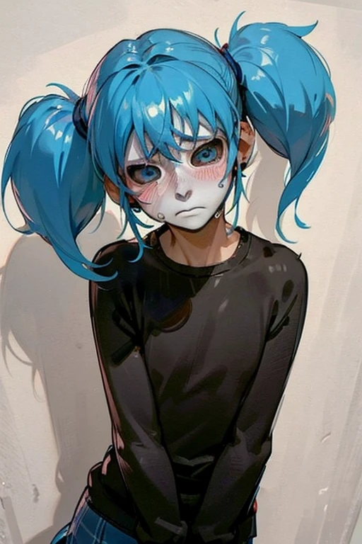 Boy, 18 years old, male body, cute face, looking at viewer, looking down, depressed looking, blue hair pigtails, feminine body, cute body, mini skirt, shy, blushing, skinny, slim body, fluffy hair, soft lighting, small face, realistic fluffy hair, smaller hair, feminine soft body, chubby