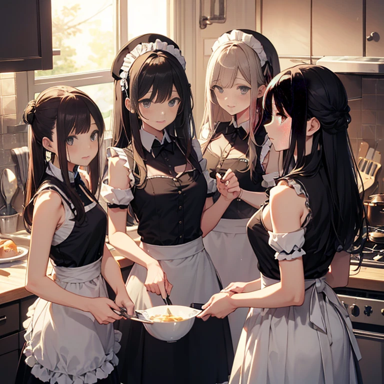 A group of maids, (in kitchen), various hair styles, harem, wearing maid uniform, night, details face, , short skirt, seducing, sleeveless , night, starry night 