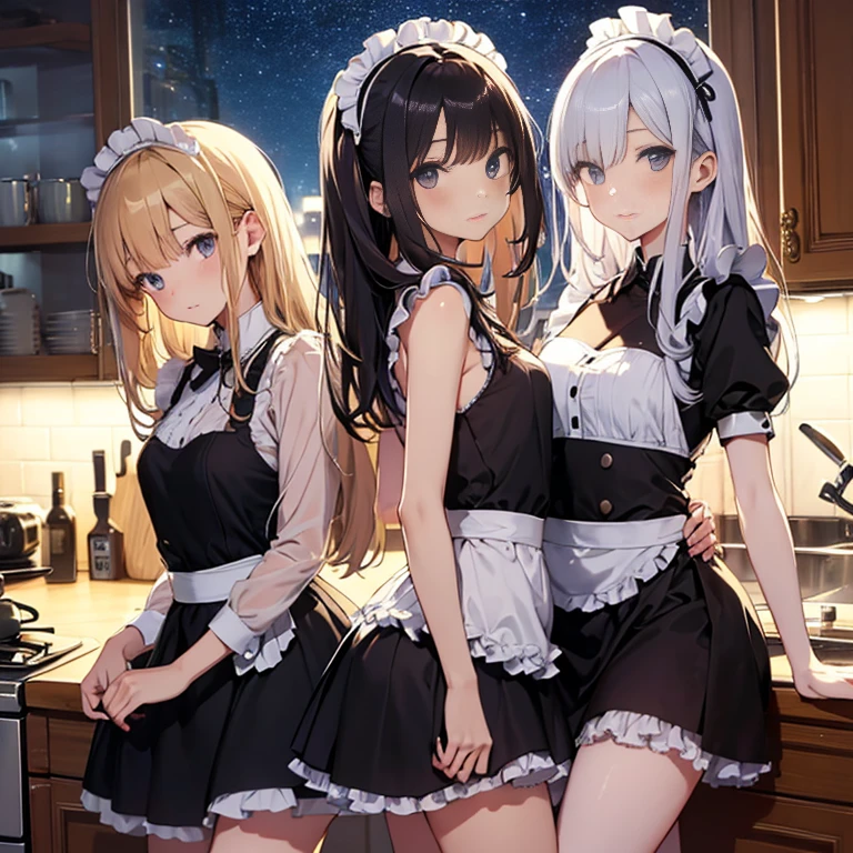 A group of maids, (in kitchen), various hair styles, harem, wearing maid uniform, night, details face, , short skirt, seducing, sleeveless , night, starry night