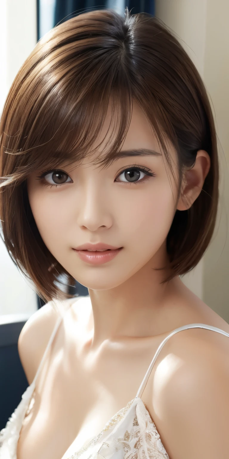 masterpiece、highest quality、High resolution、Tabletop、wallpaper、Realistic、Bright lighting、Professional Lighting、Face Light、smooth lighting、Japanese women、Adult、Beautiful woman、action、gravure、sexy、poor、so beautiful、Beautiful Skin、Beautiful and detailed、Detailed face、slim、moderately、short hair、Brunette colored hair、Brown eyes、Looking at the camera、、Cleavage
