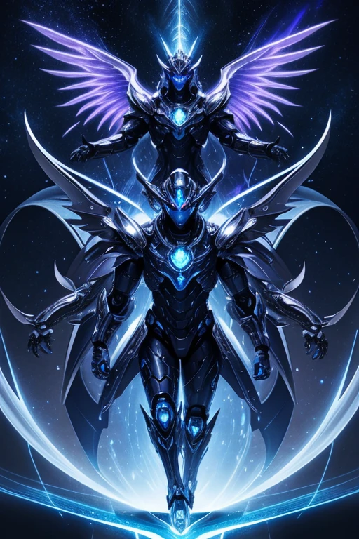 a futuristic three headed blue glowing eyes robotic silver scaled giant serpent with giant wings, universe, highly detailed, purple wind, ethereal lightning, sharp focus
