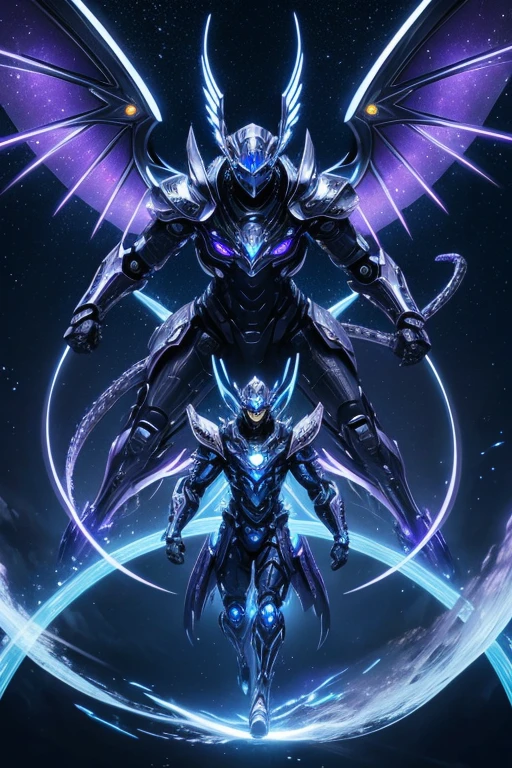 a futuristic three headed blue glowing eyes robotic silver scaled giant serpent with giant wings, universe, highly detailed, purple wind, ethereal lightning, sharp focus