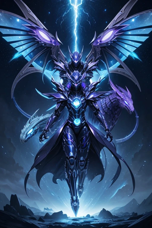 a futuristic three headed blue glowing eyes robotic silver scaled giant serpent with giant wings, universe, highly detailed, purple wind, ethereal lightning, sharp focus