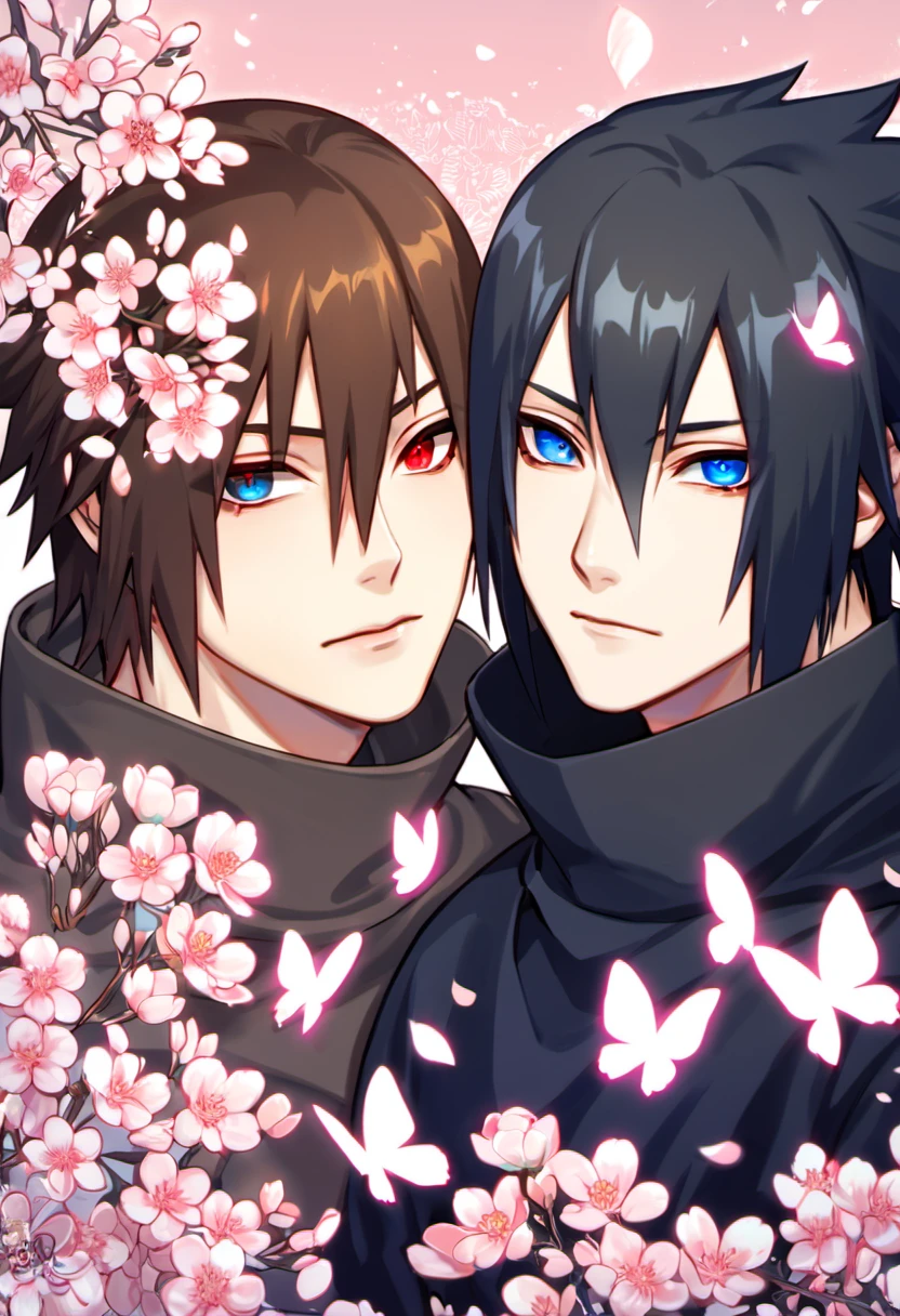 absurdres, highres, ultra detailed, HDR, masterpiece, Uchiha Sasuke, expressive red eyes, black hair, hair between the eyes, Naruto Shippuden, Dainsleif, straight brown hair, with bangs, expressive blue eyes, Genshin Impact, 2men together, gay couple, handsome, black ninja clothes, pink flowers, pink butterflies, petals, blossoms
